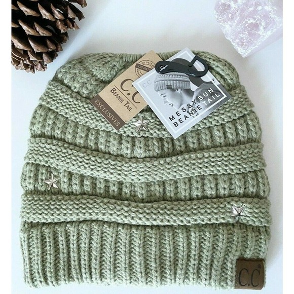 New Adult Size CC Sage Green Cable Knit Beanie Tail Bun Ponytail Hat w/ Stars - Picture 3 of 6